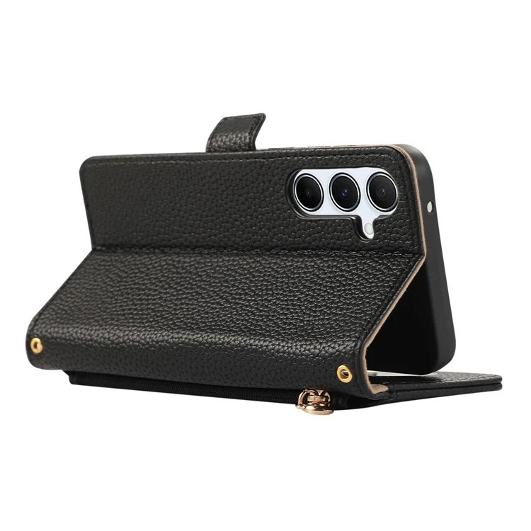 For Samsung Galaxy A55 5G Wallet Phone Case Shockproof TPU+PU Leather Flip Cover with Mirror, Strap - Black