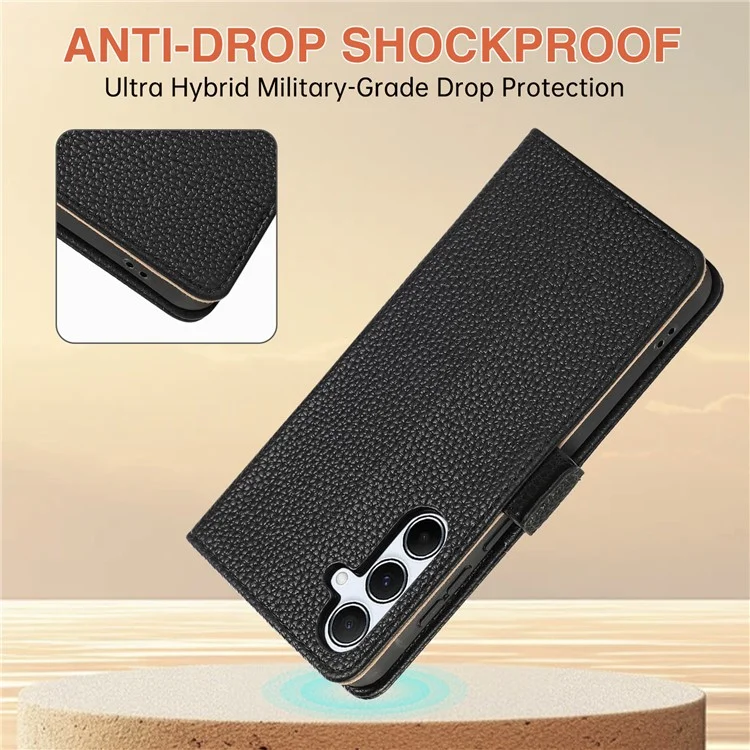 For Samsung Galaxy A55 5G Wallet Phone Case Shockproof TPU+PU Leather Flip Cover with Mirror, Strap - Black