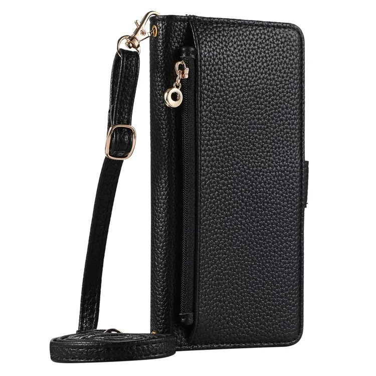 For Samsung Galaxy A55 5G Wallet Phone Case Shockproof TPU+PU Leather Flip Cover with Mirror, Strap - Black