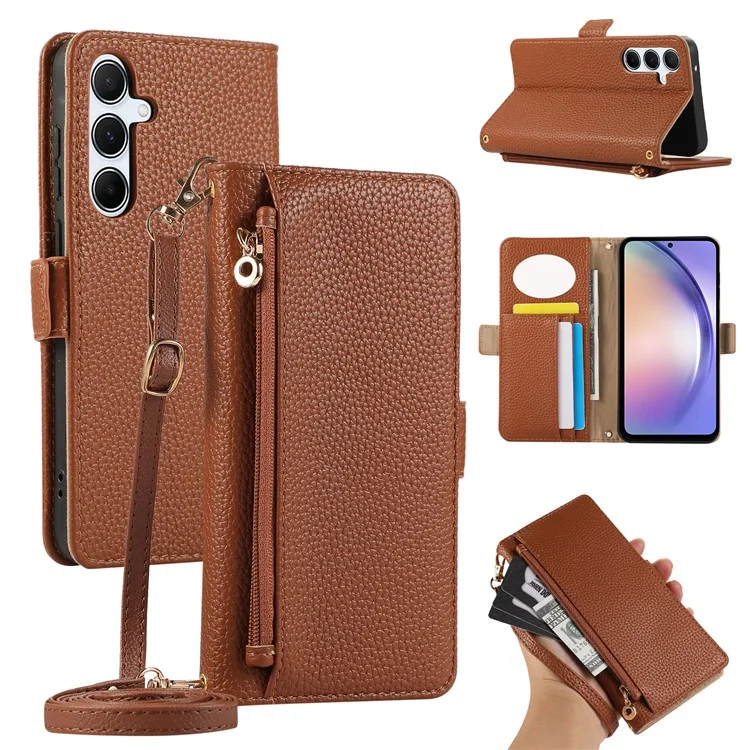 For Samsung Galaxy A54 5G Wallet Phone Case Shockproof TPU+PU Leather Flip Cover with Mirror, Strap - Brown