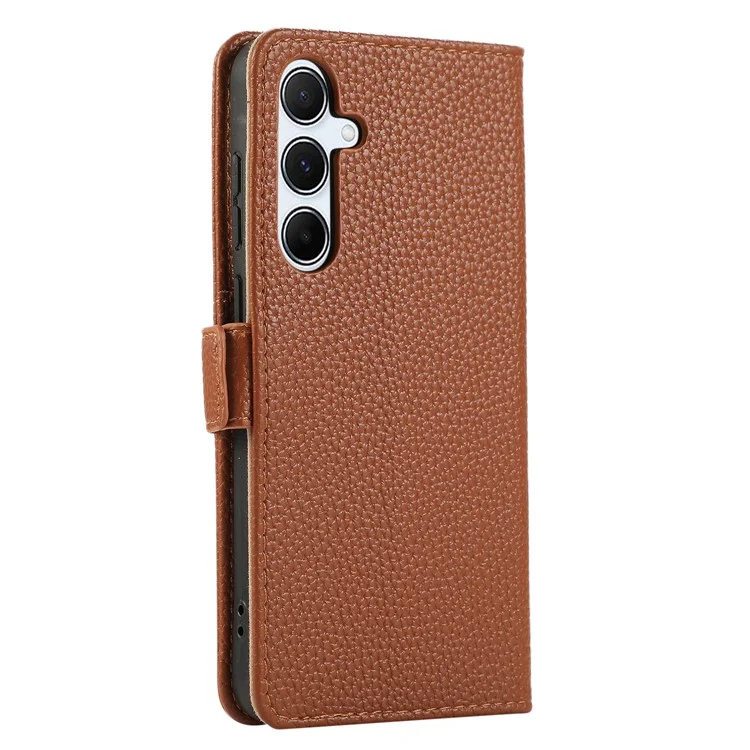For Samsung Galaxy A54 5G Wallet Phone Case Shockproof TPU+PU Leather Flip Cover with Mirror, Strap - Brown