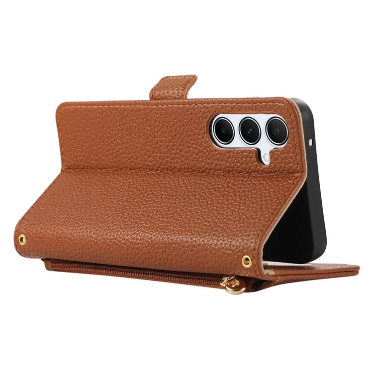 For Samsung Galaxy A54 5G Wallet Phone Case Shockproof TPU+PU Leather Flip Cover with Mirror, Strap - Brown
