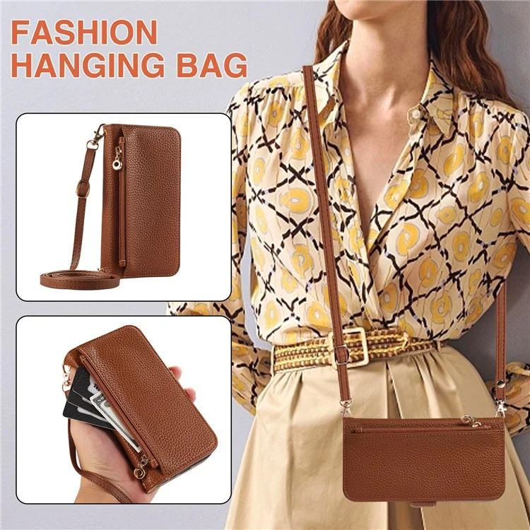 For Samsung Galaxy A54 5G Wallet Phone Case Shockproof TPU+PU Leather Flip Cover with Mirror, Strap - Brown