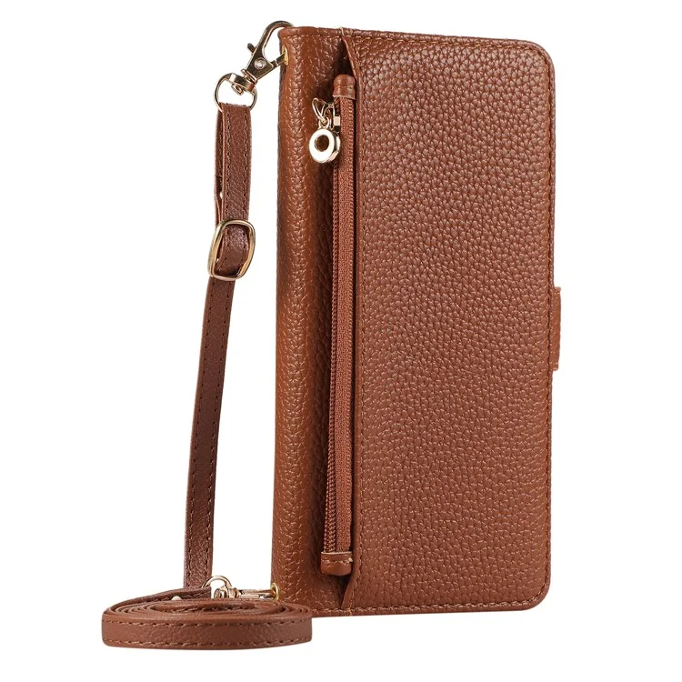 For Samsung Galaxy A54 5G Wallet Phone Case Shockproof TPU+PU Leather Flip Cover with Mirror, Strap - Brown