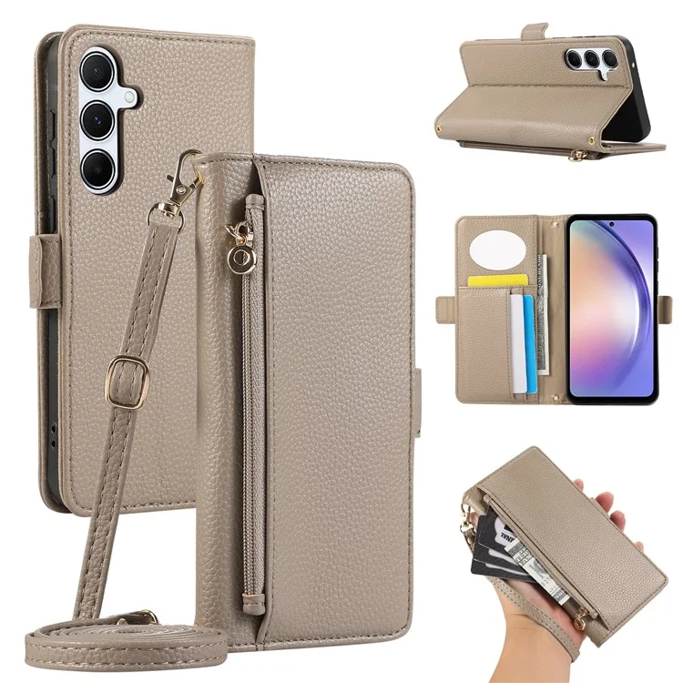 For Samsung Galaxy A35 5G Wallet Phone Case Shockproof TPU+PU Leather Flip Cover with Mirror, Strap - Khaki