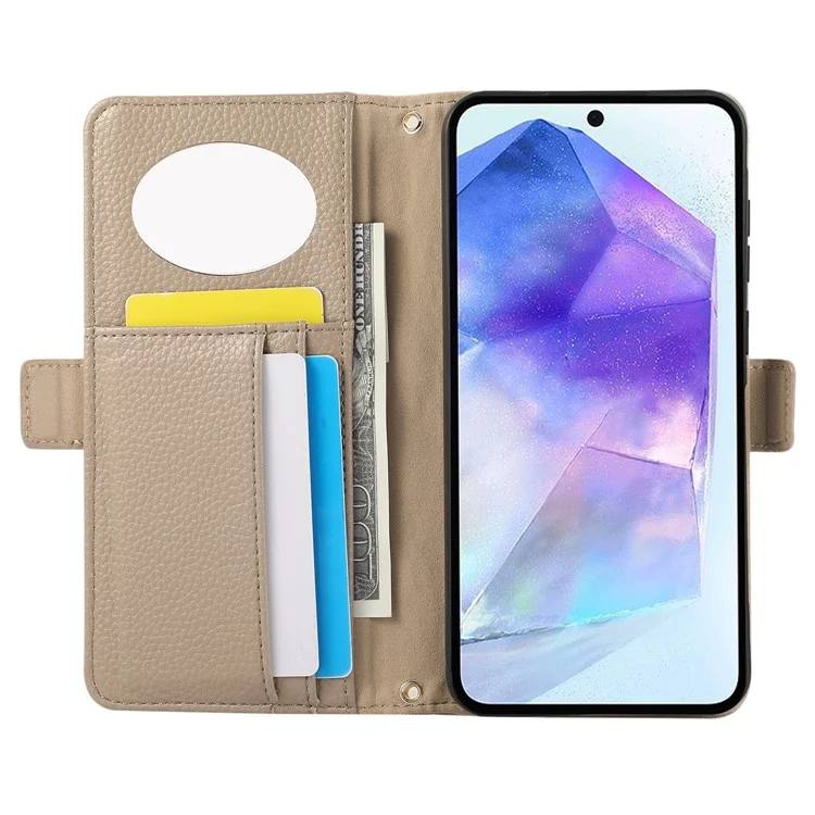 For Samsung Galaxy A35 5G Wallet Phone Case Shockproof TPU+PU Leather Flip Cover with Mirror, Strap - Khaki