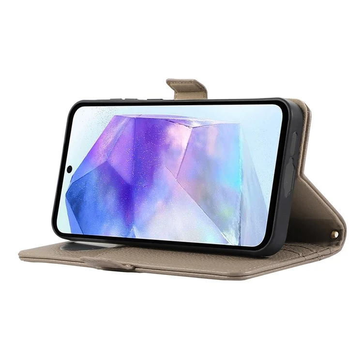 For Samsung Galaxy A35 5G Wallet Phone Case Shockproof TPU+PU Leather Flip Cover with Mirror, Strap - Khaki