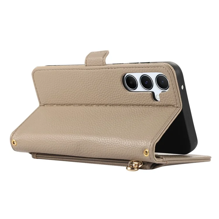 For Samsung Galaxy A35 5G Wallet Phone Case Shockproof TPU+PU Leather Flip Cover with Mirror, Strap - Khaki