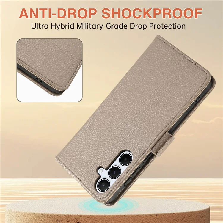 For Samsung Galaxy A35 5G Wallet Phone Case Shockproof TPU+PU Leather Flip Cover with Mirror, Strap - Khaki