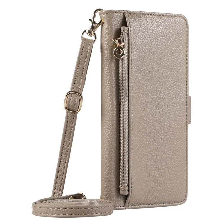 For Samsung Galaxy A35 5G Wallet Phone Case Shockproof TPU+PU Leather Flip Cover with Mirror, Strap - Khaki