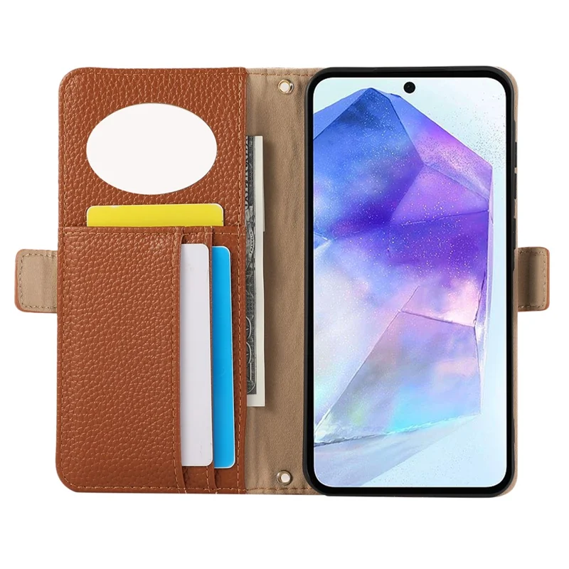 For Samsung Galaxy A35 5G Wallet Phone Case Shockproof TPU+PU Leather Flip Cover with Mirror, Strap - Brown