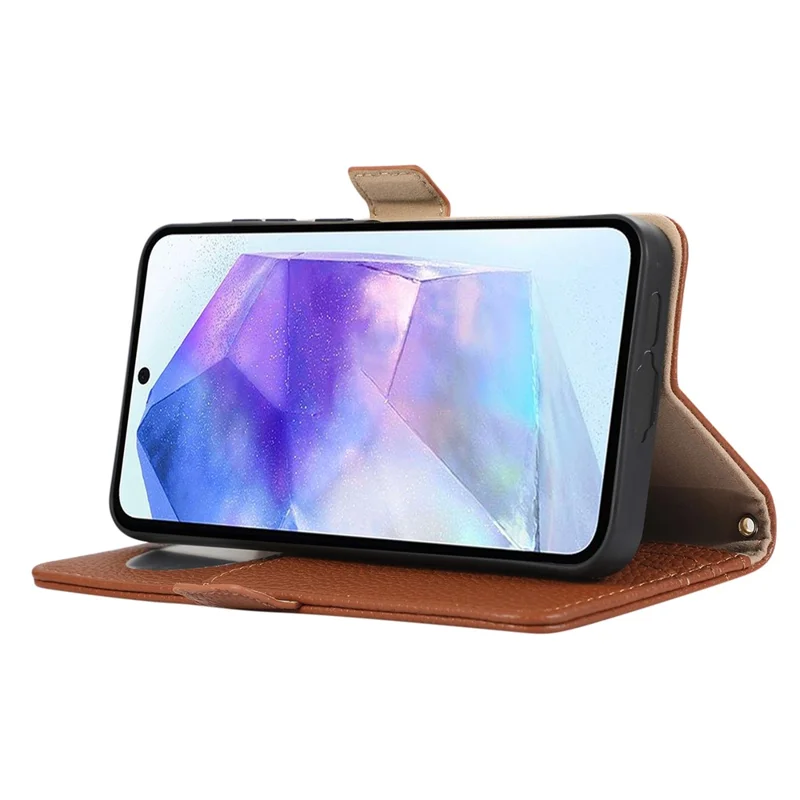 For Samsung Galaxy A35 5G Wallet Phone Case Shockproof TPU+PU Leather Flip Cover with Mirror, Strap - Brown