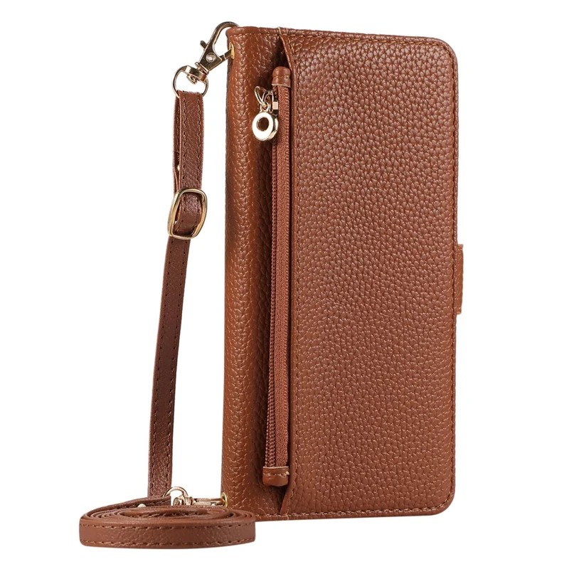 For Samsung Galaxy A35 5G Wallet Phone Case Shockproof TPU+PU Leather Flip Cover with Mirror, Strap - Brown