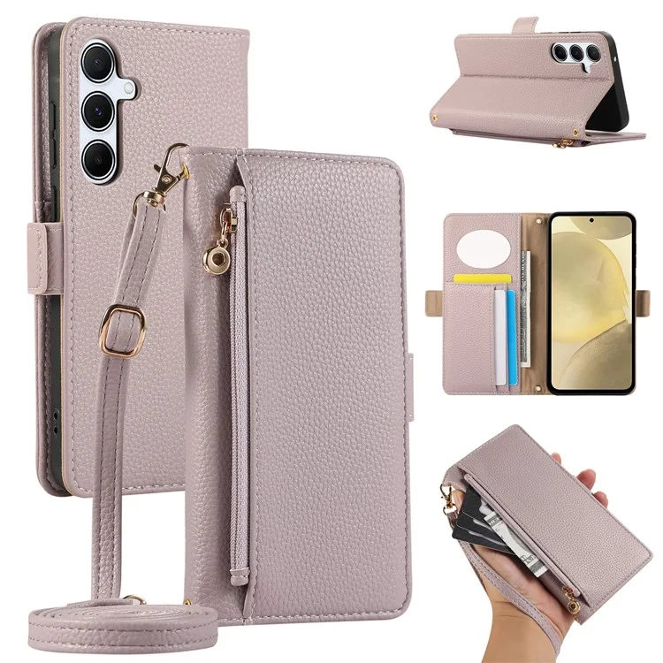 For Samsung Galaxy S24 Wallet Phone Case Shockproof TPU+PU Leather Flip Cover with Mirror, Strap - Purple