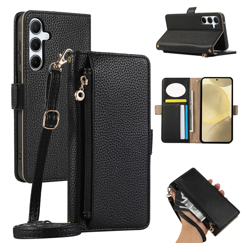For Samsung Galaxy S24 Wallet Phone Case Shockproof TPU+PU Leather Flip Cover with Mirror, Strap - Black
