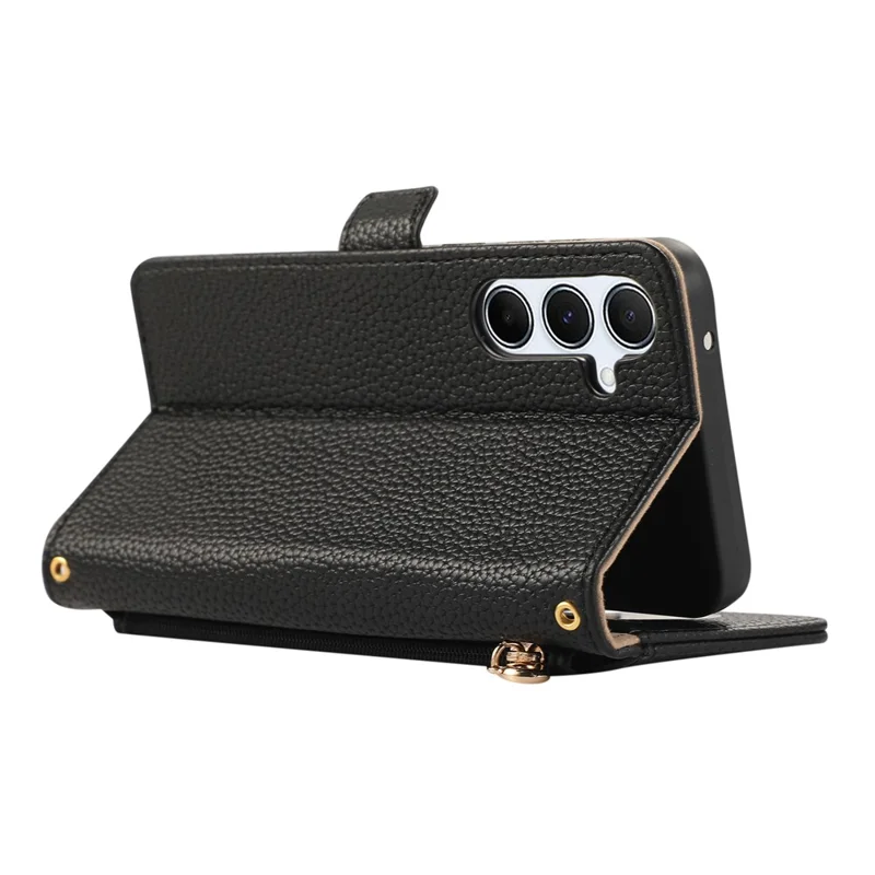 For Samsung Galaxy S24 Wallet Phone Case Shockproof TPU+PU Leather Flip Cover with Mirror, Strap - Black