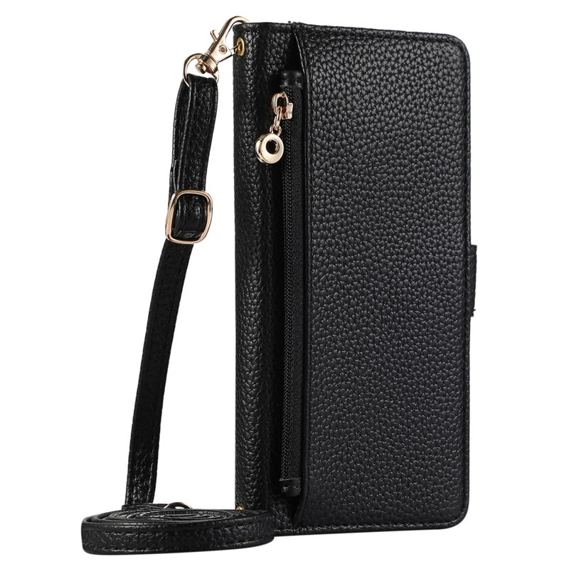 For Samsung Galaxy S24 Wallet Phone Case Shockproof TPU+PU Leather Flip Cover with Mirror, Strap - Black