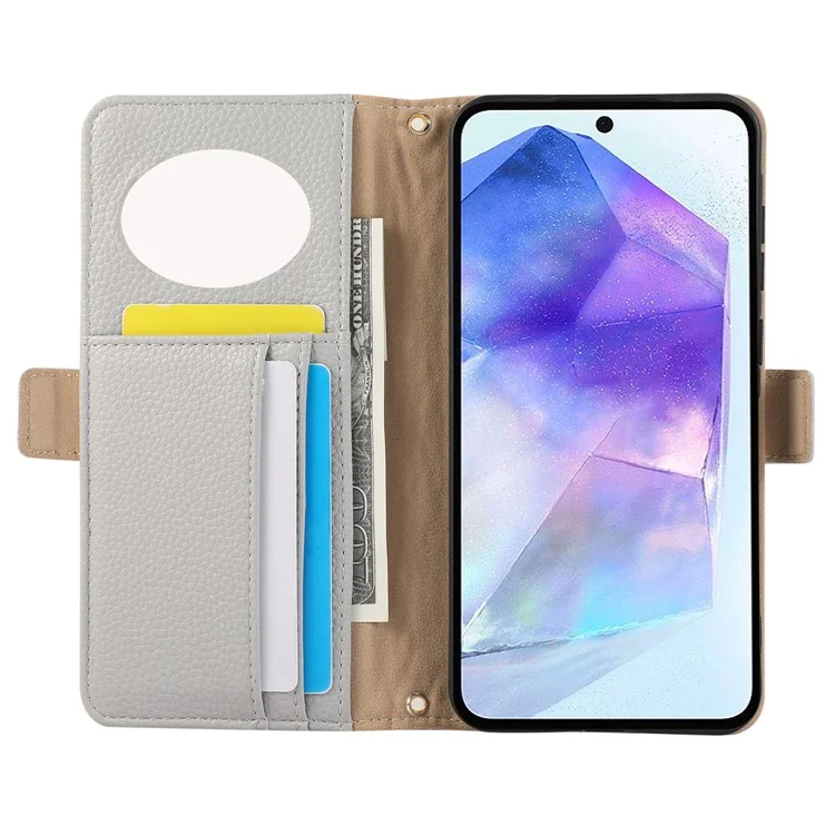 For Samsung Galaxy S24+ Wallet Phone Case Shockproof TPU+PU Leather Flip Cover with Mirror, Strap - Grey Blue