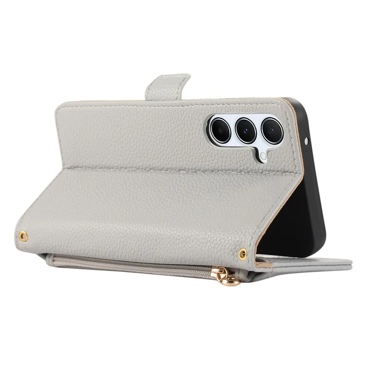 For Samsung Galaxy S24+ Wallet Phone Case Shockproof TPU+PU Leather Flip Cover with Mirror, Strap - Grey Blue