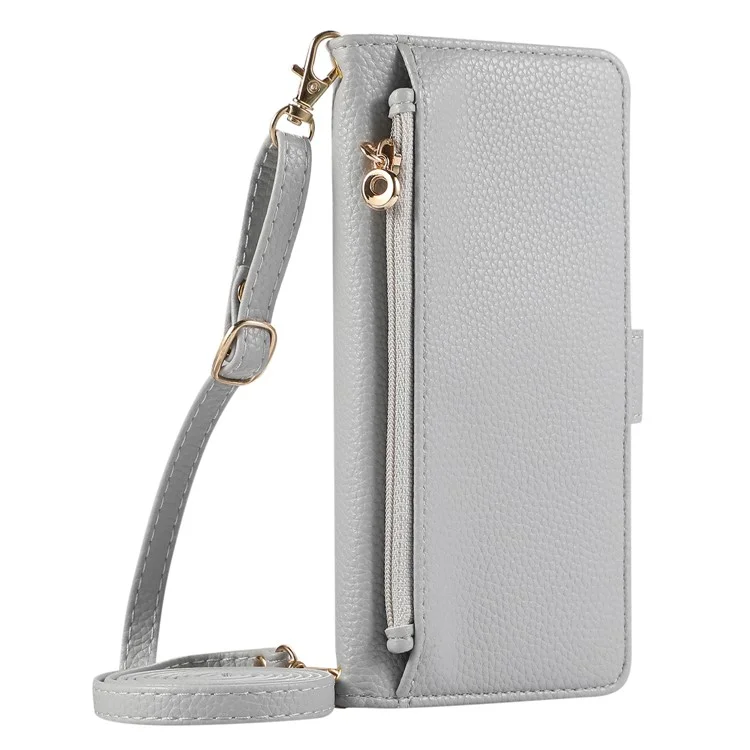 For Samsung Galaxy S24+ Wallet Phone Case Shockproof TPU+PU Leather Flip Cover with Mirror, Strap - Grey Blue