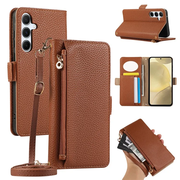 For Samsung Galaxy A15 5G / 4G Wallet Phone Case Shockproof TPU+PU Leather Flip Cover with Mirror, Strap - Brown