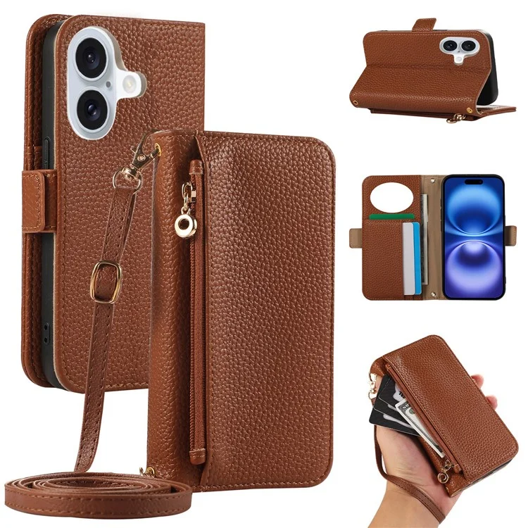 For iPhone 16 Wallet Phone Case Shockproof TPU+PU Leather Flip Cover with Mirror, Strap - Brown