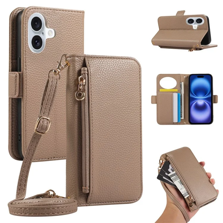 For iPhone 16 Plus Wallet Phone Case Shockproof TPU+PU Leather Flip Cover with Mirror, Strap - Khaki