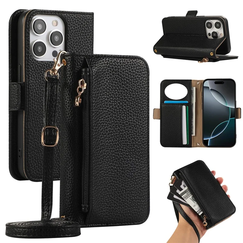For iPhone 16 Pro Wallet Phone Case Shockproof TPU+PU Leather Flip Cover with Mirror, Strap - Black