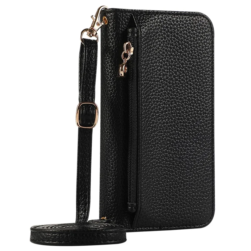 For iPhone 16 Pro Wallet Phone Case Shockproof TPU+PU Leather Flip Cover with Mirror, Strap - Black