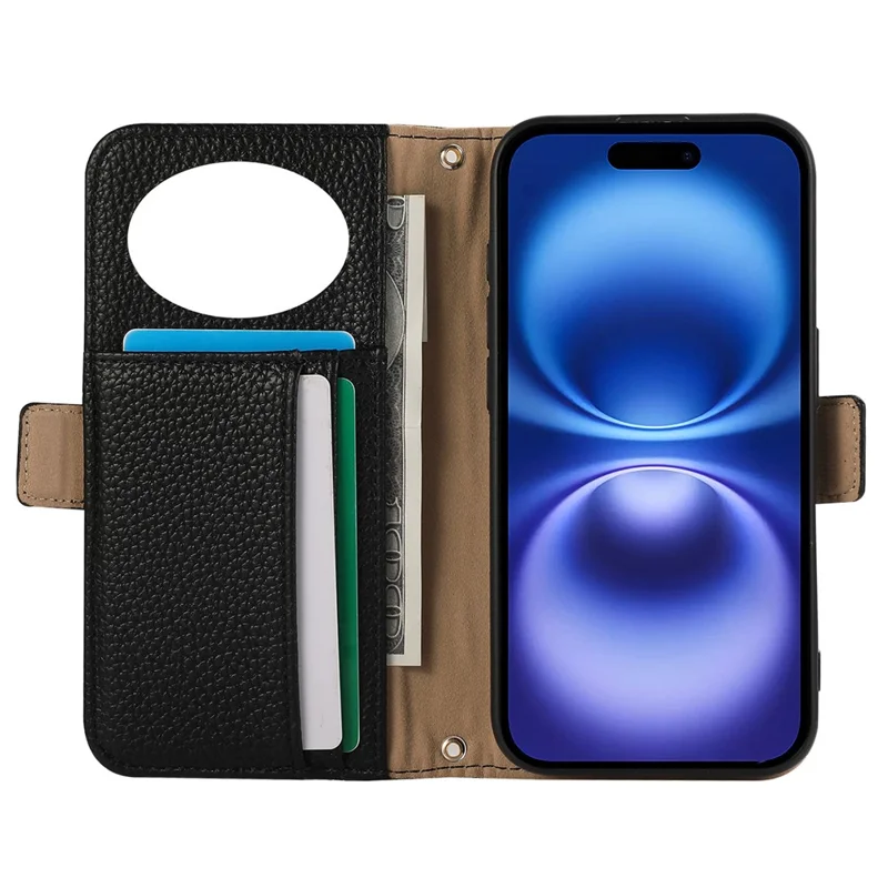 For iPhone 16 Pro Wallet Phone Case Shockproof TPU+PU Leather Flip Cover with Mirror, Strap - Black