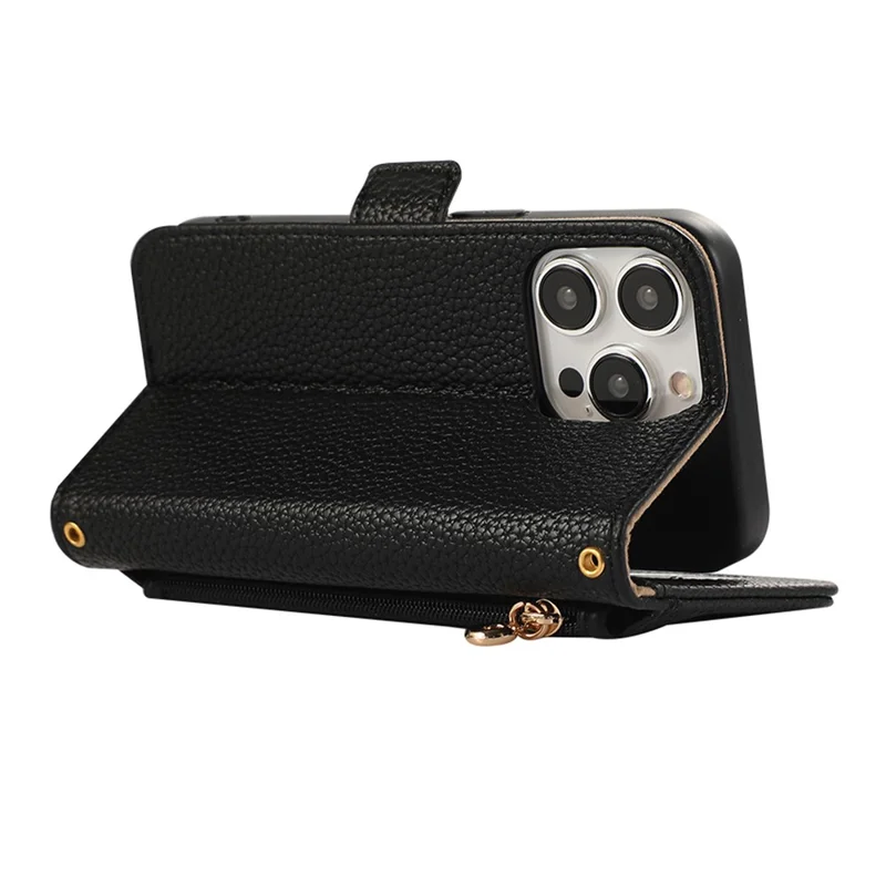 For iPhone 16 Pro Wallet Phone Case Shockproof TPU+PU Leather Flip Cover with Mirror, Strap - Black