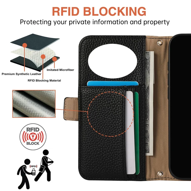 For iPhone 16 Pro Wallet Phone Case Shockproof TPU+PU Leather Flip Cover with Mirror, Strap - Black
