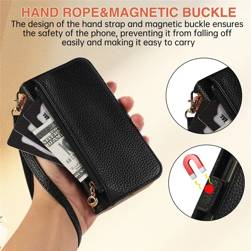 For iPhone 16 Pro Wallet Phone Case Shockproof TPU+PU Leather Flip Cover with Mirror, Strap - Black