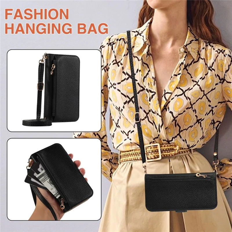 For iPhone 16 Pro Wallet Phone Case Shockproof TPU+PU Leather Flip Cover with Mirror, Strap - Black