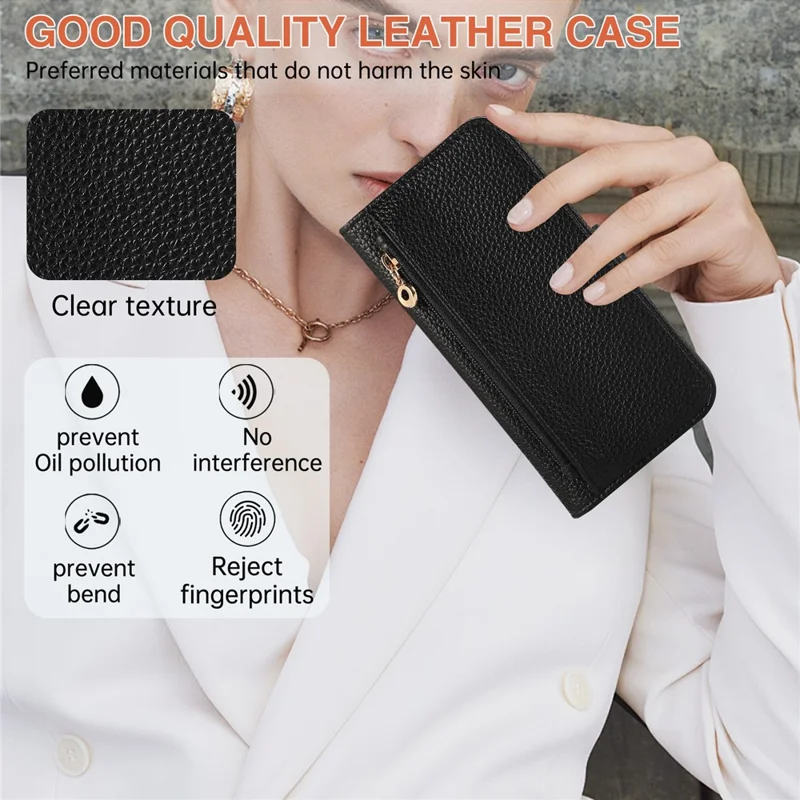 For iPhone 16 Pro Wallet Phone Case Shockproof TPU+PU Leather Flip Cover with Mirror, Strap - Black