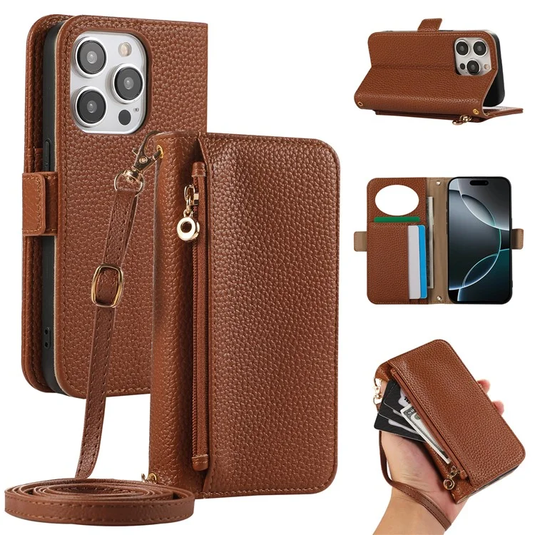 For iPhone 16 Pro Max Wallet Phone Case Shockproof TPU+PU Leather Flip Cover with Mirror, Strap - Brown
