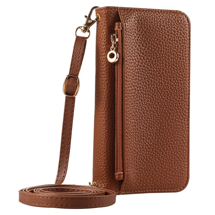 For iPhone 16 Pro Max Wallet Phone Case Shockproof TPU+PU Leather Flip Cover with Mirror, Strap - Brown