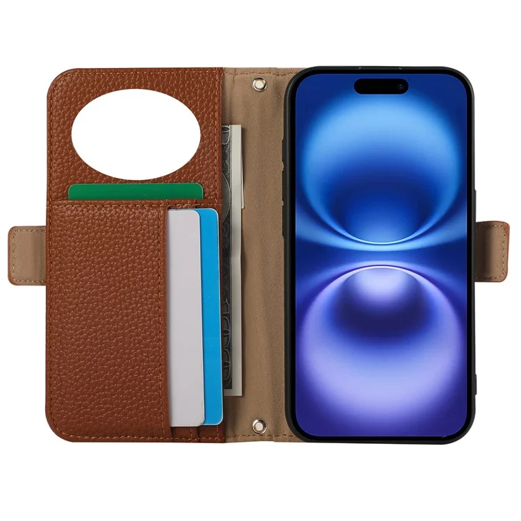 For iPhone 16 Pro Max Wallet Phone Case Shockproof TPU+PU Leather Flip Cover with Mirror, Strap - Brown