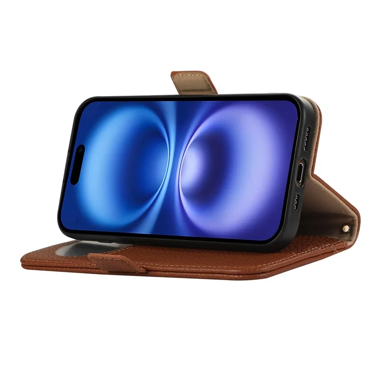 For iPhone 16 Pro Max Wallet Phone Case Shockproof TPU+PU Leather Flip Cover with Mirror, Strap - Brown