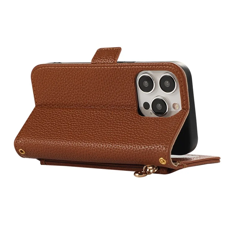 For iPhone 16 Pro Max Wallet Phone Case Shockproof TPU+PU Leather Flip Cover with Mirror, Strap - Brown