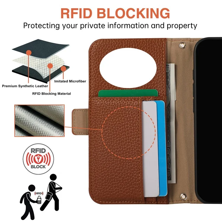 For iPhone 16 Pro Max Wallet Phone Case Shockproof TPU+PU Leather Flip Cover with Mirror, Strap - Brown
