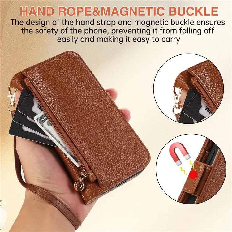 For iPhone 16 Pro Max Wallet Phone Case Shockproof TPU+PU Leather Flip Cover with Mirror, Strap - Brown