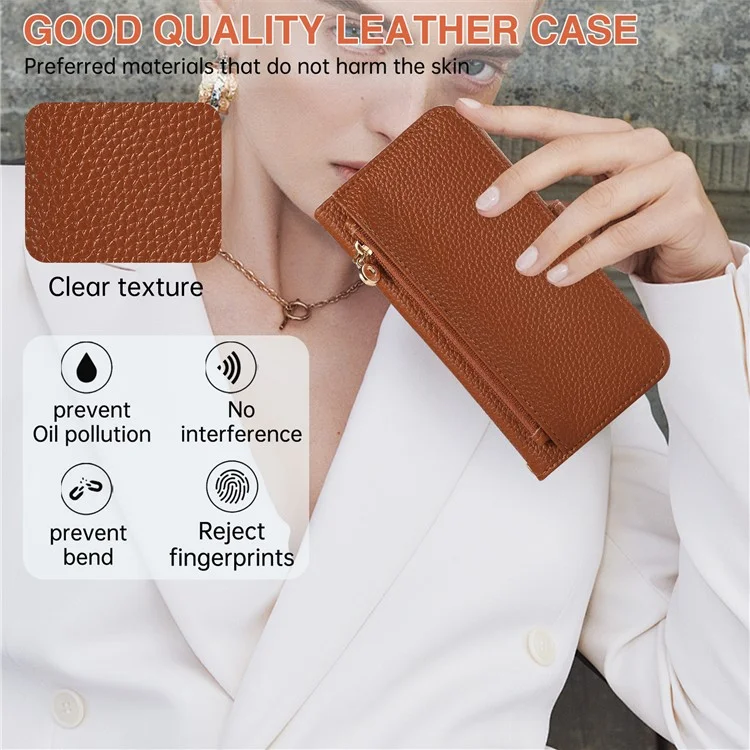 For iPhone 16 Pro Max Wallet Phone Case Shockproof TPU+PU Leather Flip Cover with Mirror, Strap - Brown