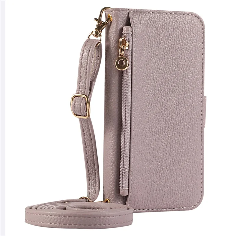 For iPhone 16 Pro Max Wallet Phone Case Shockproof TPU+PU Leather Flip Cover with Mirror, Strap - Purple