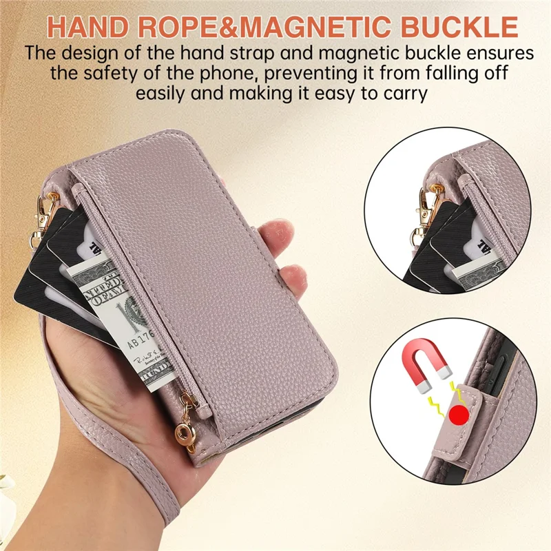 For iPhone 16 Pro Max Wallet Phone Case Shockproof TPU+PU Leather Flip Cover with Mirror, Strap - Purple