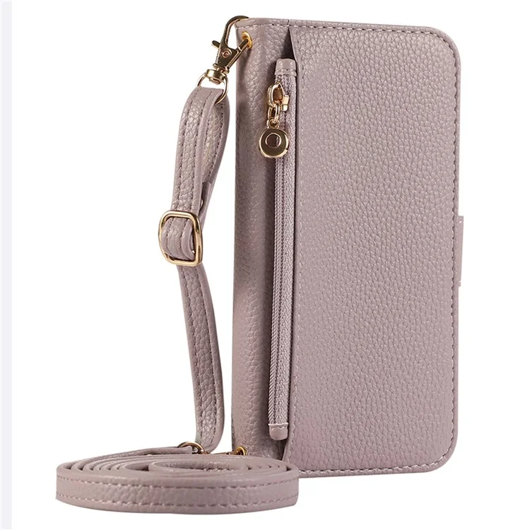 For iPhone 15 Pro Max Wallet Phone Case Shockproof TPU+PU Leather Flip Cover with Mirror, Strap - Purple