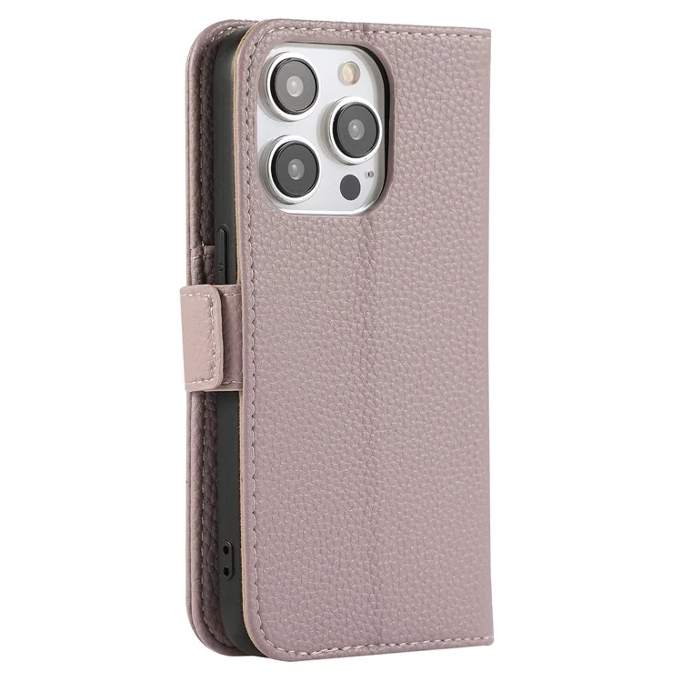 For iPhone 15 Pro Max Wallet Phone Case Shockproof TPU+PU Leather Flip Cover with Mirror, Strap - Purple