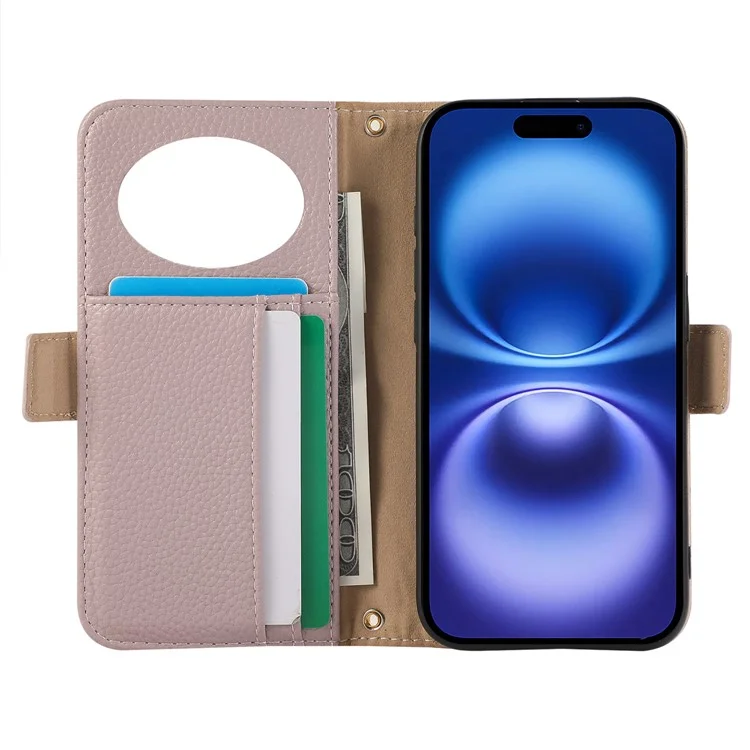 For iPhone 15 Pro Max Wallet Phone Case Shockproof TPU+PU Leather Flip Cover with Mirror, Strap - Purple