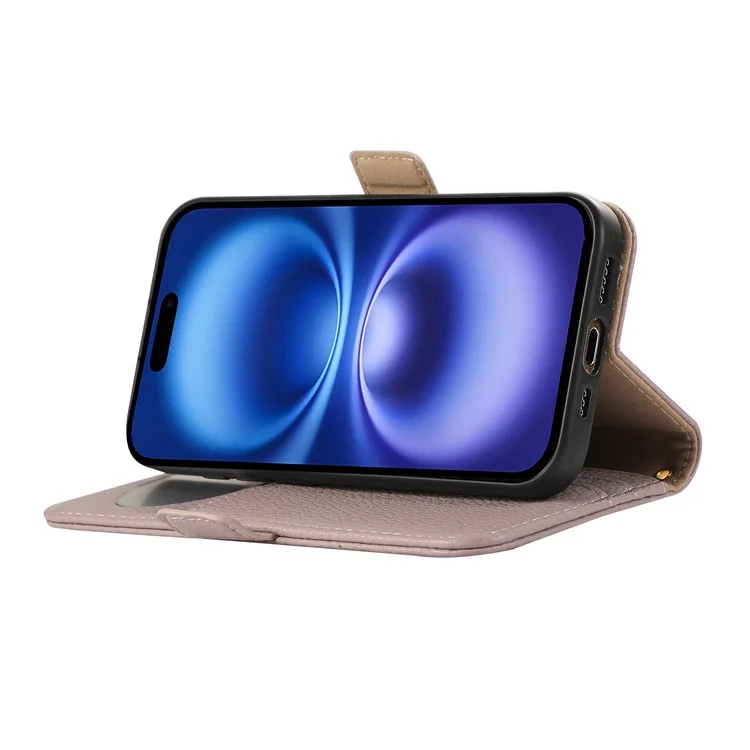 For iPhone 15 Pro Max Wallet Phone Case Shockproof TPU+PU Leather Flip Cover with Mirror, Strap - Purple