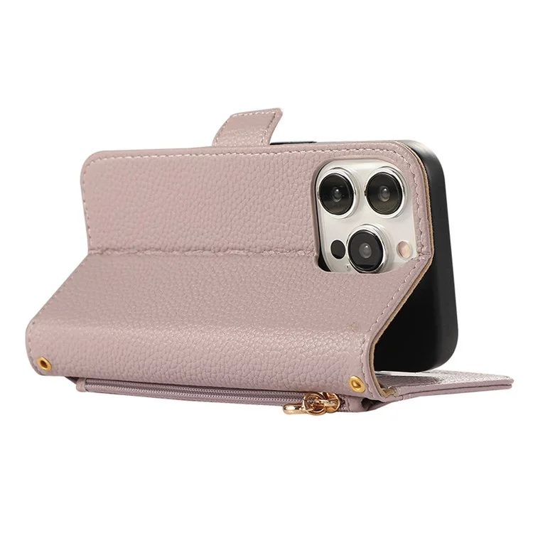 For iPhone 15 Pro Max Wallet Phone Case Shockproof TPU+PU Leather Flip Cover with Mirror, Strap - Purple